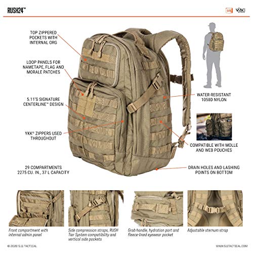 Brown tactical backpack diagram
