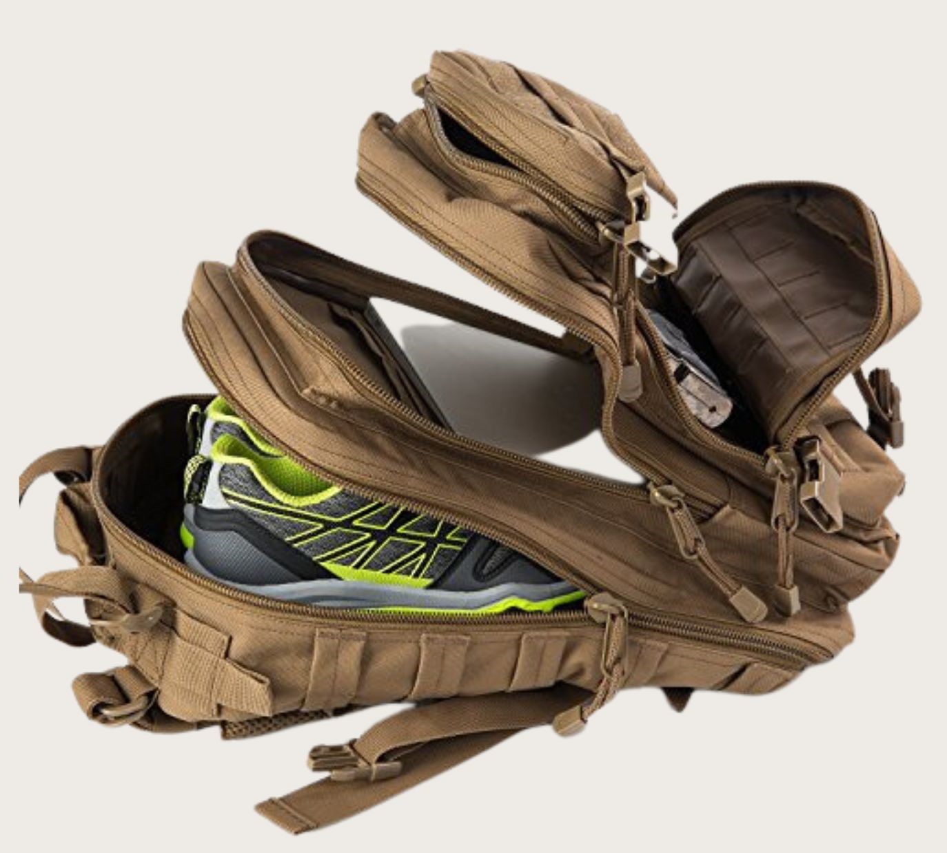 Open brown tactical backpack