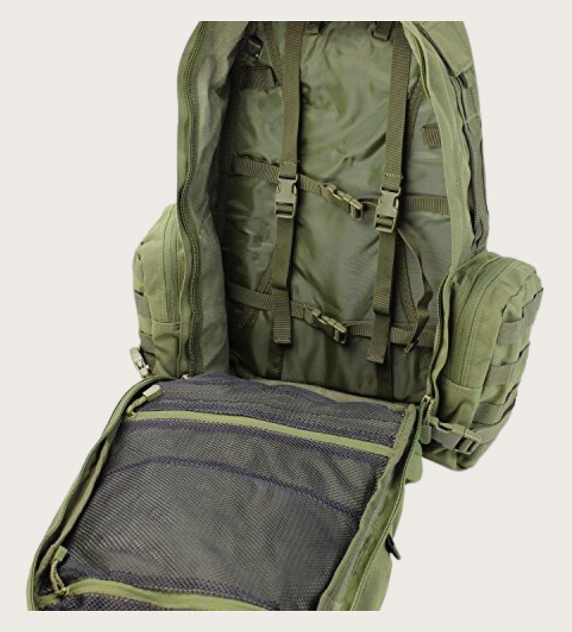 Interior of green tactical backpack