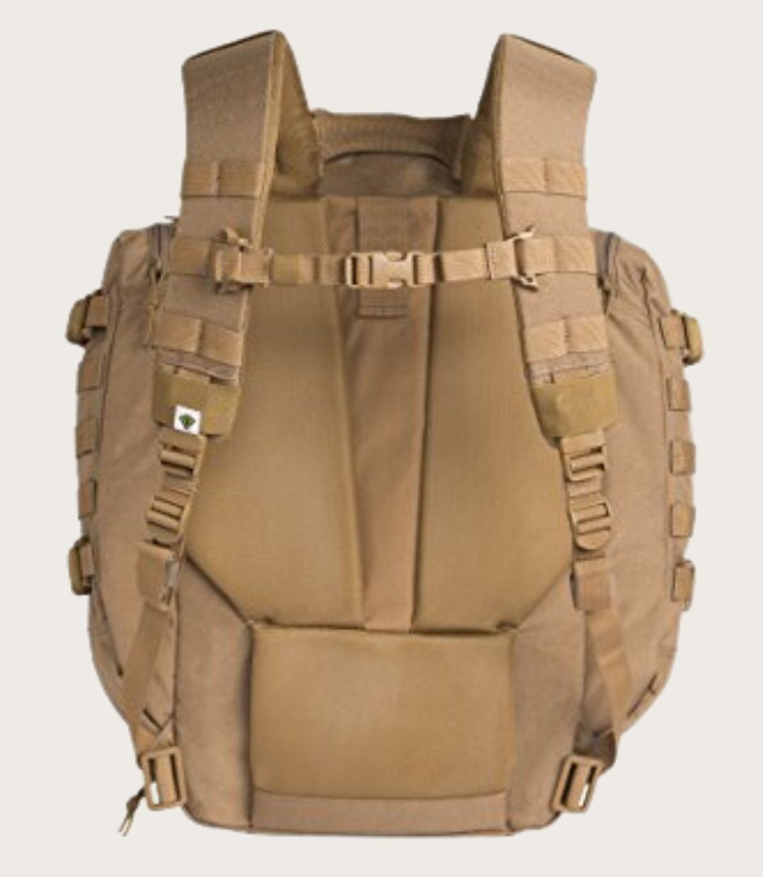 Rear view of beige tactical backpack