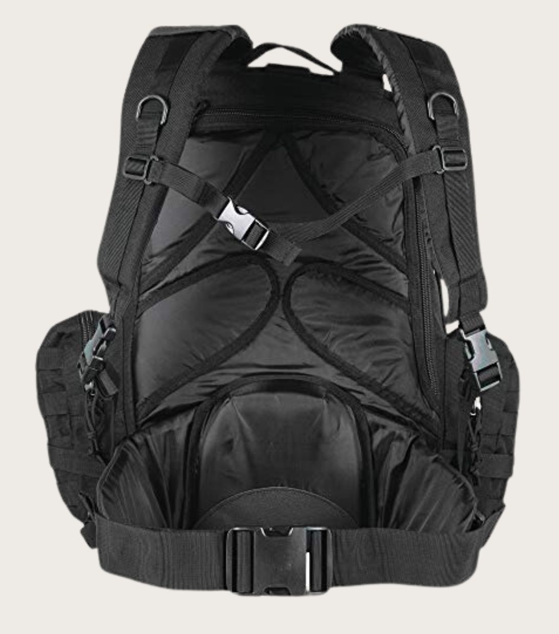 Rear view of black tactical backpack