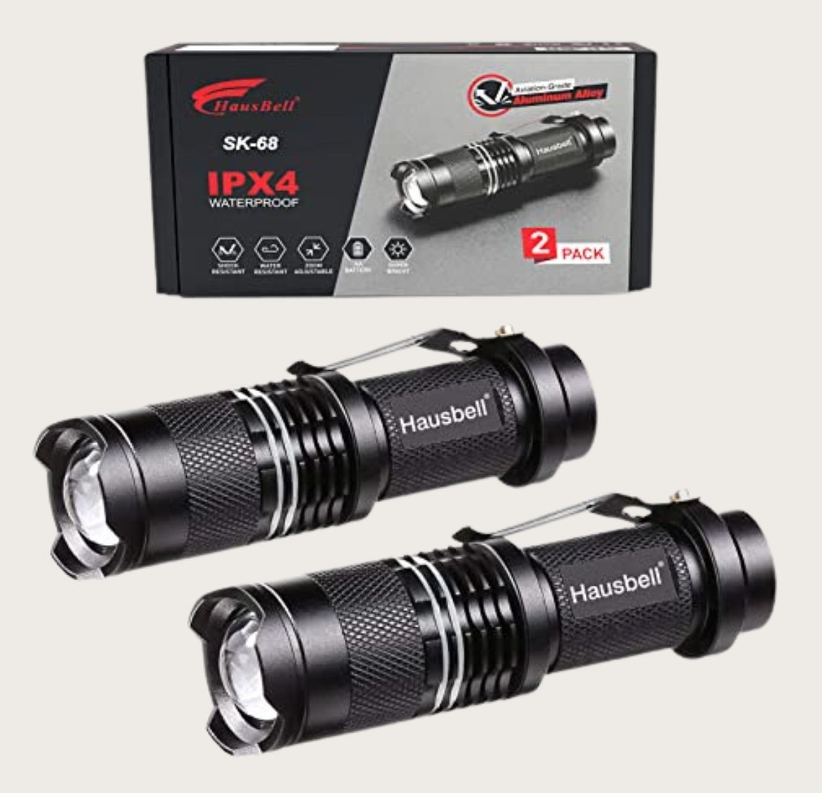 Black tactical flashlights and box