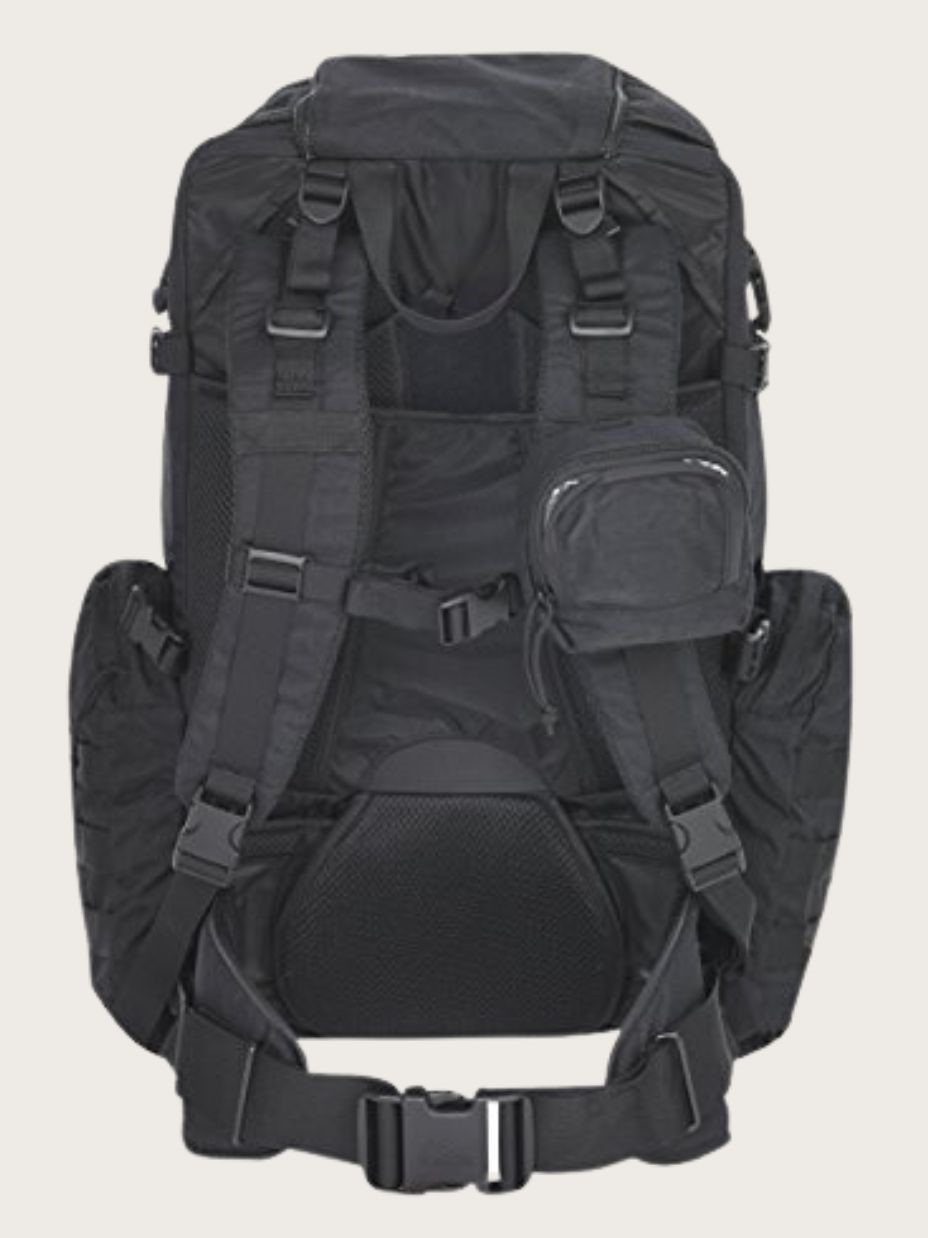 Rear view of black tactical backpack